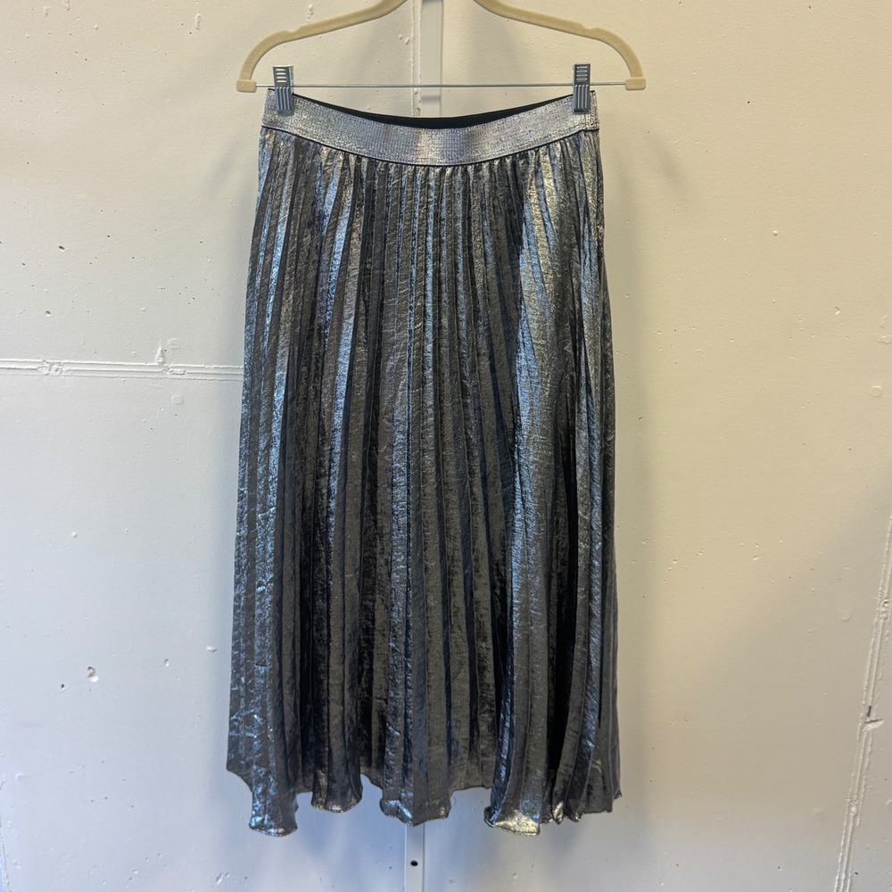 NWT Lucy Paris Metallic Silver Pleated Midi Skirt Charcoal Gray Women's Medium